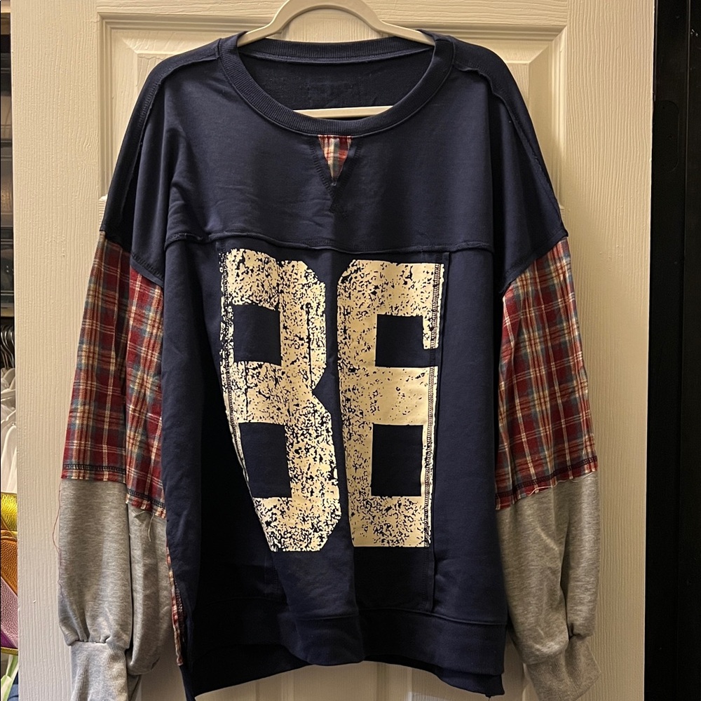 SHEIN Woman’s Navy Crewneck Sweater with Red Plaid and Gray Accents